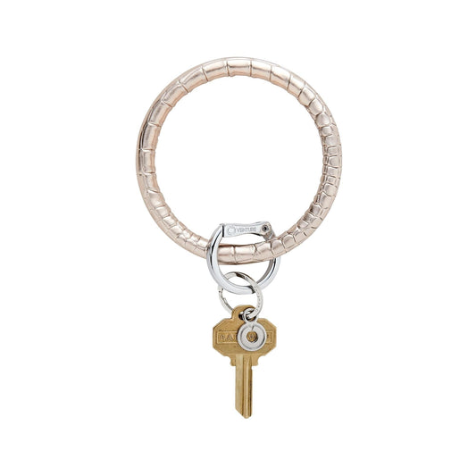 Leather key ring by O venture shown in Champagne Croc Embossed Leather.  